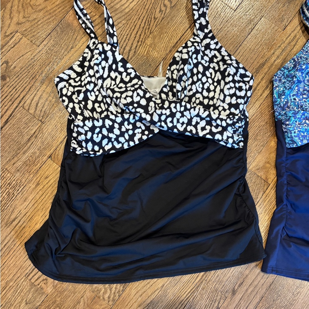 Lands' End 14 L D Tops with Black White / Navy Trim EUC Swim 2 PC Tankini